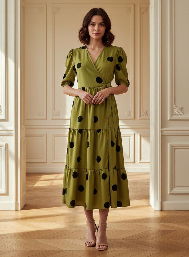 Splash FAV Polka Dot Print Midi Tiered Dress with Short Sleeves and Tie-Up Detail - Image 1