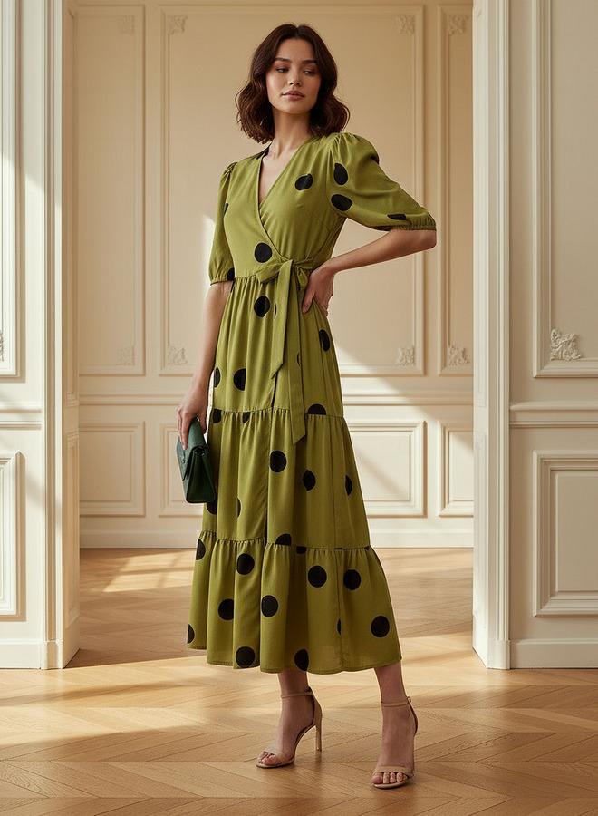 Splash FAV Polka Dot Print Midi Tiered Dress with Short Sleeves and Tie-Up Detail - Image 2
