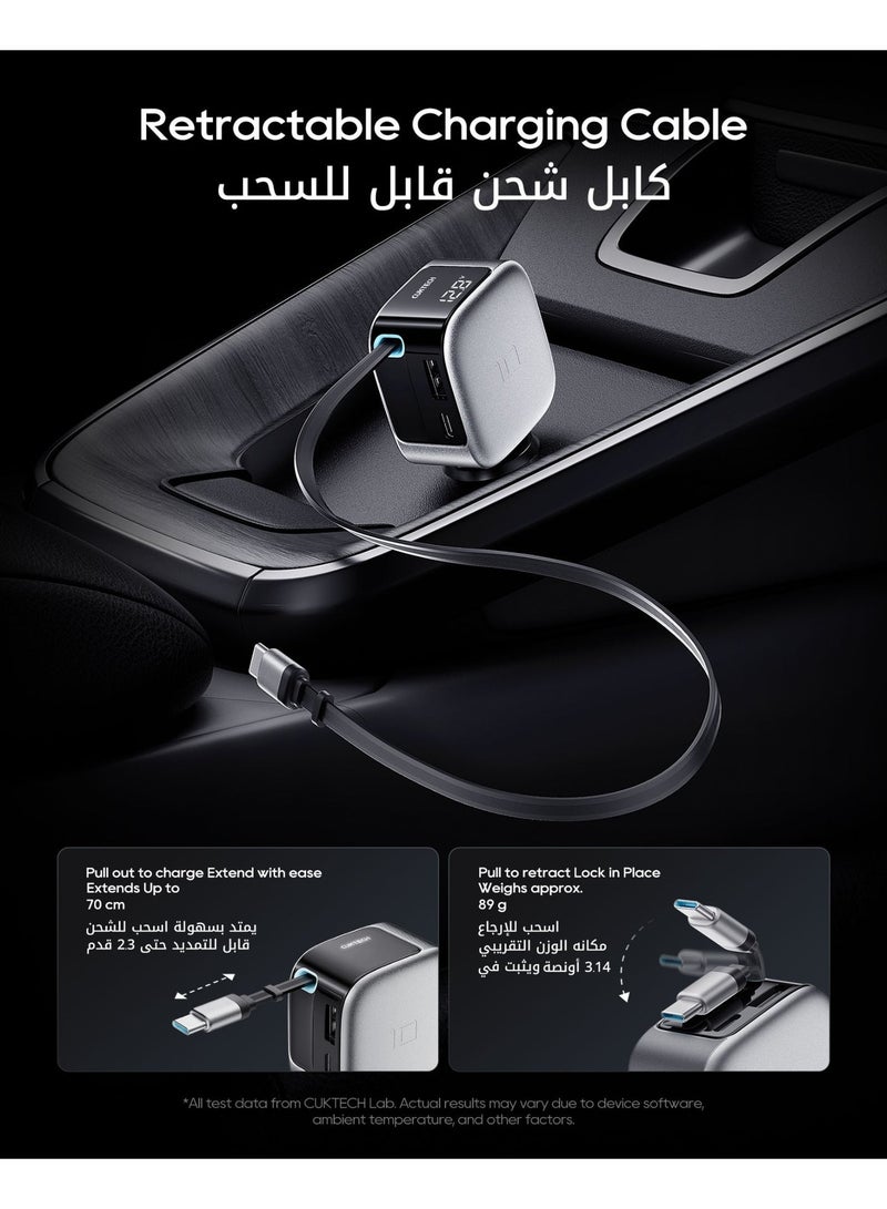 CUKTECH 85W GaN Car Charger With Built-in Retractable Cable 70cm, 3-Port 2C1A Car Adapter Fast Charger With Smart LED Display Power & Voltage Monitor For MacBook, iPhone, Samsung & Pixel - Grey - Image 4