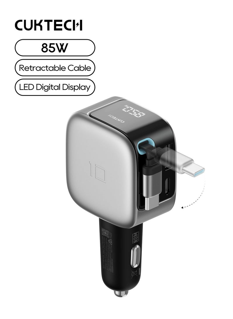 CUKTECH 85W GaN Car Charger With Built-in Retractable Cable 70cm, 3-Port 2C1A Car Adapter Fast Charger With Smart LED Display Power & Voltage Monitor For MacBook, iPhone, Samsung & Pixel - Grey - Image 1
