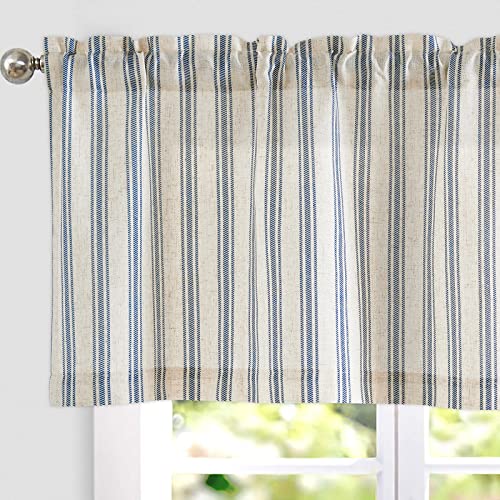jinchan Striped Valance Farmhouse Window Treatment Linen Textured Drapes for Small Windows Kitchen Living Room RV Vintage Light Filtering Valance 16 Inch Rod Pocket 1 Panel Blue on Beige - Image 1