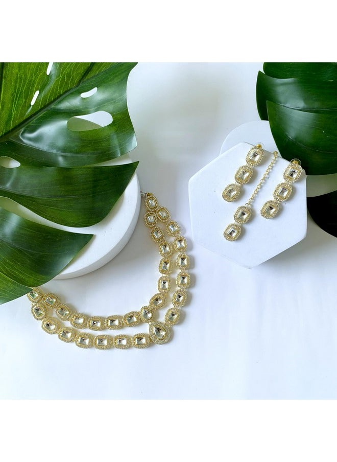 I Jewels I Jewels Gold Plated Traditional White Stone Drop Dangle Earrings For Women  - Image 2