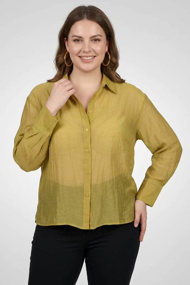 bebe Women Pointed Collar Long Sleeve Solid Shirt, Olive - Image 1