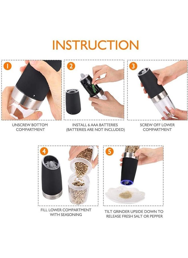 Arabest Electric Gravity Pepper Grinder 2-Piece Set, Adjustable Roughness,Automatic Salt And Pepper Grinder, Battery-Powered LED Light, One-Handed Automatic Operation, Stainless Steel Black (Black  - Image 5