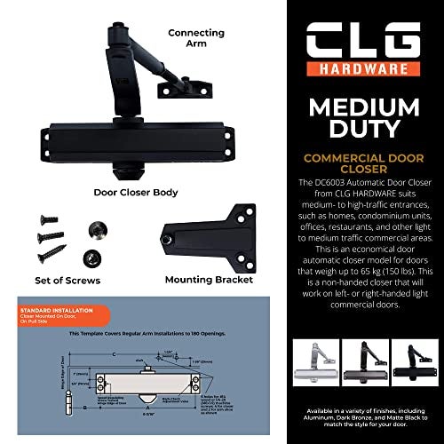 CLG HARDWARE DC6003 Medium Duty Commercial Door Closer - Surface Mounted, Automatic Door Closer, Cast Aluminum,UL 3 Hour Fire Rated, Size 3 for Residential & Light Commercial Doors - US19 Matte Black - Image 3