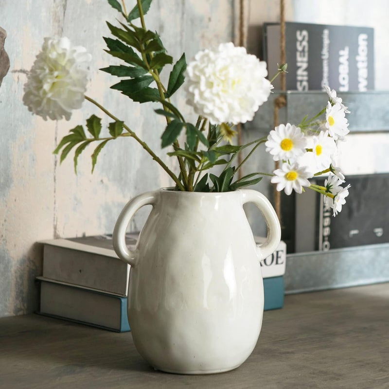 Tanvecle Modern look White Ceramic Vase with 2 Handles, Modern Farmhouse Vase for Home Decor, Rustic Terracotta Vase, Decorative Pottery Flower Vase, Clay Samll Vase, Centerpieces for Dining Table - 7 Inch Tall Processed natural substance - Image 4