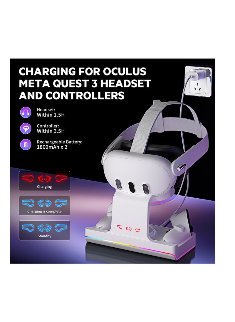 اكسيسن - قاعدة شحن لسماعة Oculus/Meta Quest 3 مع إضاءة RGB، محطة شحن سماعة رأس للواقع الافتراضي مزودة بشحن سريع USB-C، ملحقات حامل عرض سماعة الرأس ووحدة التحكم مع 2 × 1800 مللي أمبير قابلة للشحن - Image 1