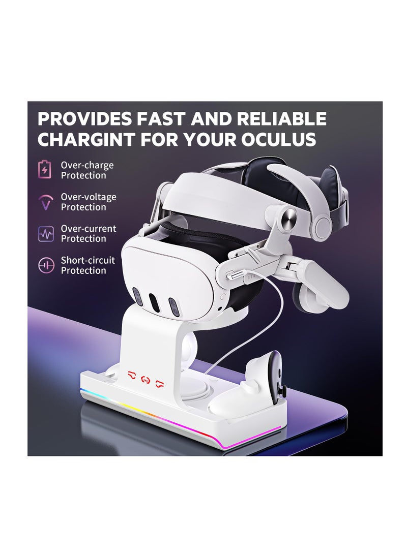 اكسيسن - قاعدة شحن لسماعة Oculus/Meta Quest 3 مع إضاءة RGB، محطة شحن سماعة رأس للواقع الافتراضي مزودة بشحن سريع USB-C، ملحقات حامل عرض سماعة الرأس ووحدة التحكم مع 2 × 1800 مللي أمبير قابلة للشحن - Image 1
