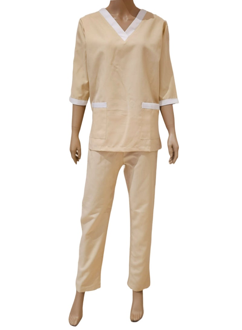 Rannah's Uniform Scrubs Three-Quarter Sleeve Medical Uniform Unisex Top and Pants Beige Nurse Suit Set  - Image 1