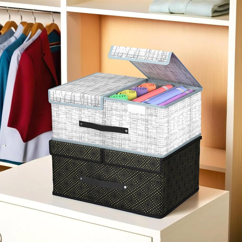Kuber Industries Pack of 2 Cloth Organizer for Wardrobe Small Foldable Storage Box with Double Lid Drawer Organiser Grey Black - Image 1