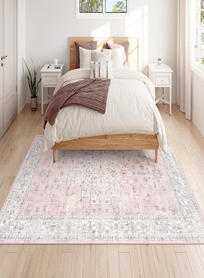 لايف بوكس سجادة لايف بوكس وردية اللون مقاس 5x7 لغرفة نوم البنات، سجاد بوهيمي قابل للغسل لغرفة المعيشة وغرفة الأطفال، سجاد داخلي ناعم غير قابل للانزلاق، سجاد ريفي منخفض الوبر لغرفة الطعام وغرفة لعب الأطفال، وردي اللون - Image 2