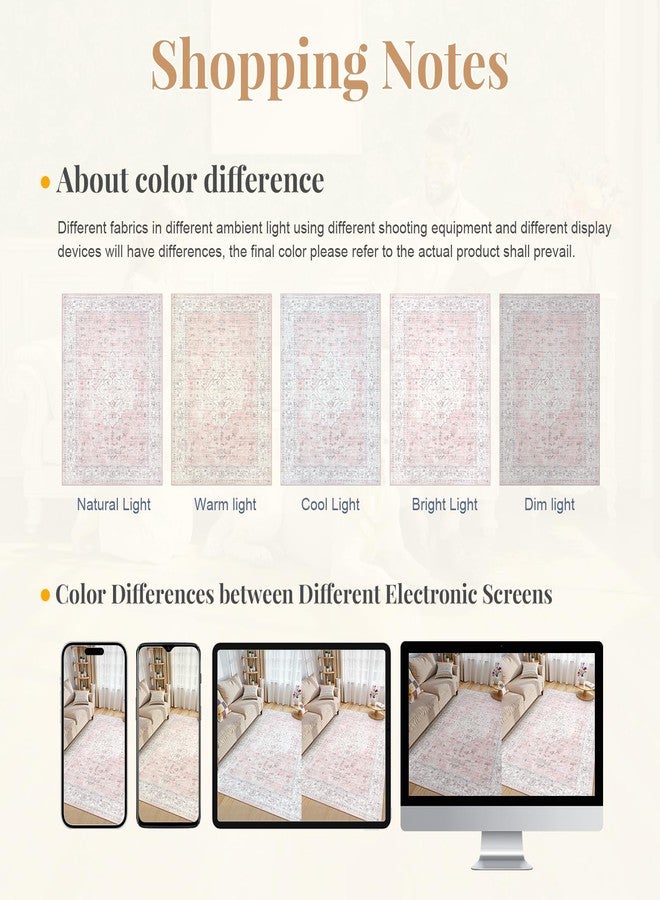 لايف بوكس سجادة لايف بوكس وردية اللون مقاس 5x7 لغرفة نوم البنات، سجاد بوهيمي قابل للغسل لغرفة المعيشة وغرفة الأطفال، سجاد داخلي ناعم غير قابل للانزلاق، سجاد ريفي منخفض الوبر لغرفة الطعام وغرفة لعب الأطفال، وردي اللون - Image 3