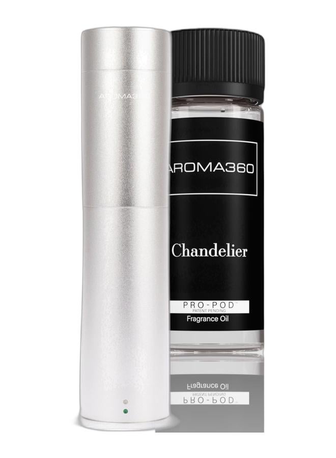 AROMA360 Mini Pro Essential Oil Diffuser - 600 sq ft Coverage - Aromatherapy Scent Diffuser for Home - Air Freshener - Compatible with Pro-Pod Oil- Silver & Chandelier Pro-Pod Oil Blend - Hotel Inspired for Luxury Essential Oil Diffusers - Aromatherapy Scent Diffuser Oil - Bergamot, Sweet Berry, and Oakmoss Bundle - Image 1