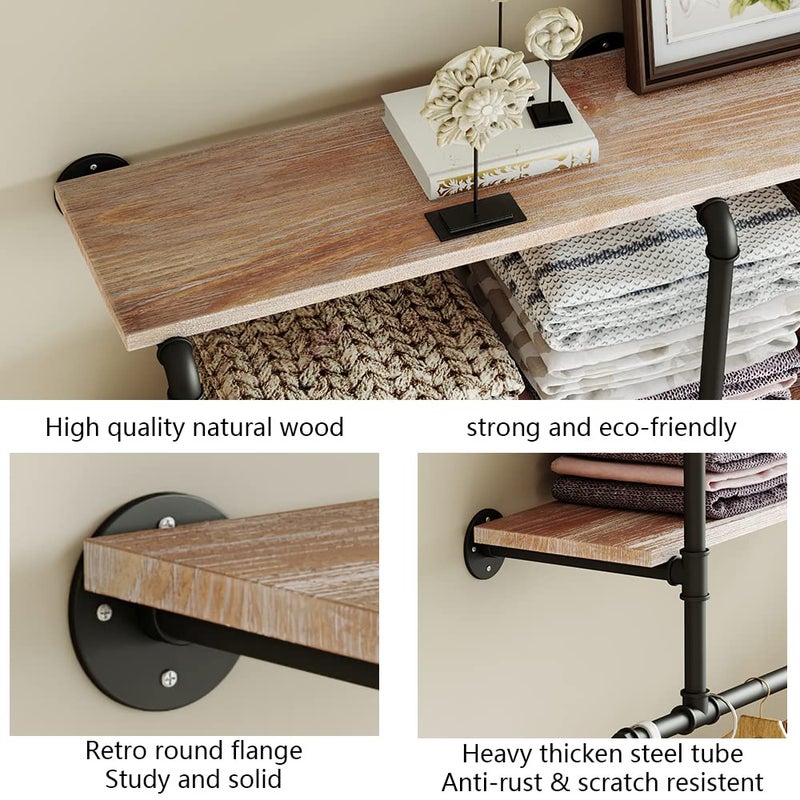 MAIKAILUN Industrial Pipe Clothes Rack with Wood Shelf, 52" Long Wall Mounted Clothing Rack with Hanging Rod for Laundry Room, Heavy Duty Pipe Shelves, Closet Storage, Retail Boutique Display - Image 3
