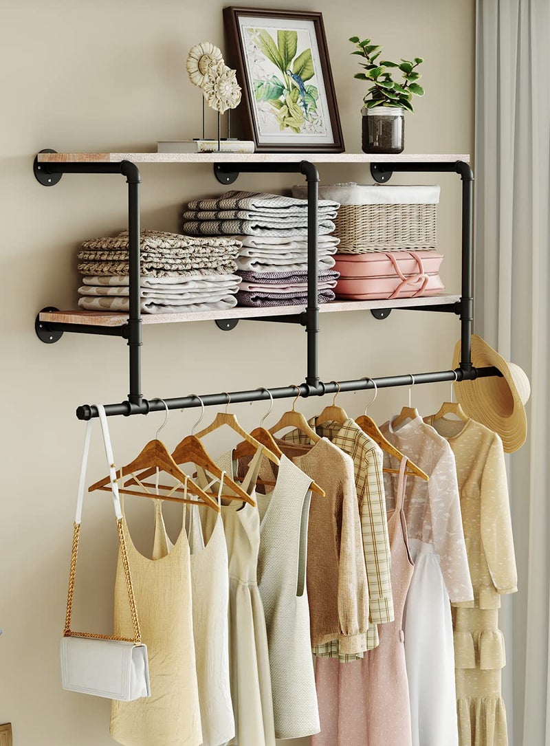 MAIKAILUN Industrial Pipe Clothes Rack with Wood Shelf, 52" Long Wall Mounted Clothing Rack with Hanging Rod for Laundry Room, Heavy Duty Pipe Shelves, Closet Storage, Retail Boutique Display - Image 1