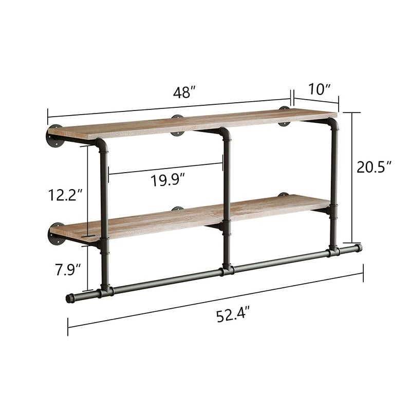 MAIKAILUN Industrial Pipe Clothes Rack with Wood Shelf, 52" Long Wall Mounted Clothing Rack with Hanging Rod for Laundry Room, Heavy Duty Pipe Shelves, Closet Storage, Retail Boutique Display - Image 4