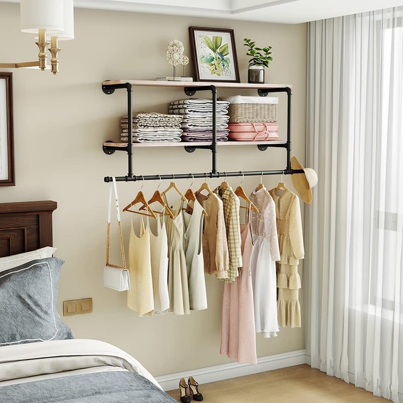 MAIKAILUN Industrial Pipe Clothes Rack with Wood Shelf, 52" Long Wall Mounted Clothing Rack with Hanging Rod for Laundry Room, Heavy Duty Pipe Shelves, Closet Storage, Retail Boutique Display - Image 5