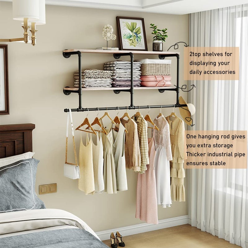 MAIKAILUN Industrial Pipe Clothes Rack with Wood Shelf, 52" Long Wall Mounted Clothing Rack with Hanging Rod for Laundry Room, Heavy Duty Pipe Shelves, Closet Storage, Retail Boutique Display - Image 2