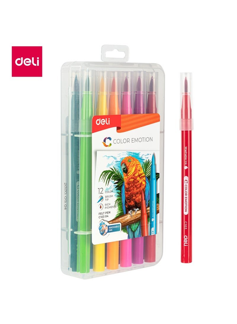 Deli EC10304 COLOR EMOTION Washable Felt Pen Set, 12 Colors, Soft Brush Tip 1.0-8mm, Bright & Non-Toxic - Image 1