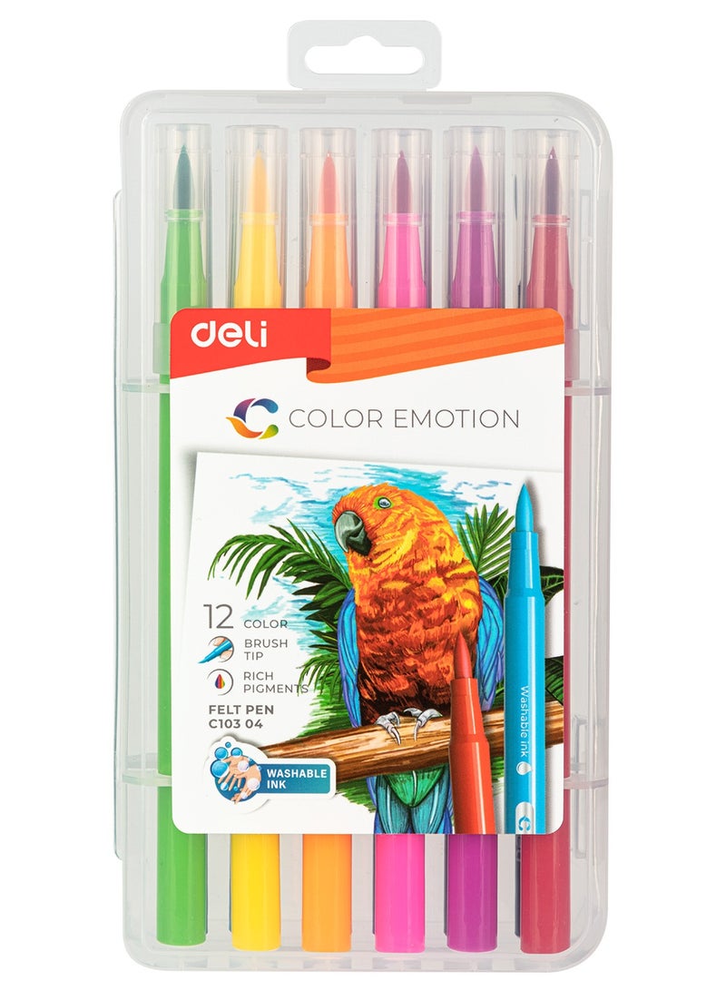 Deli EC10304 COLOR EMOTION Washable Felt Pen Set, 12 Colors, Soft Brush Tip 1.0-8mm, Bright & Non-Toxic - Image 4