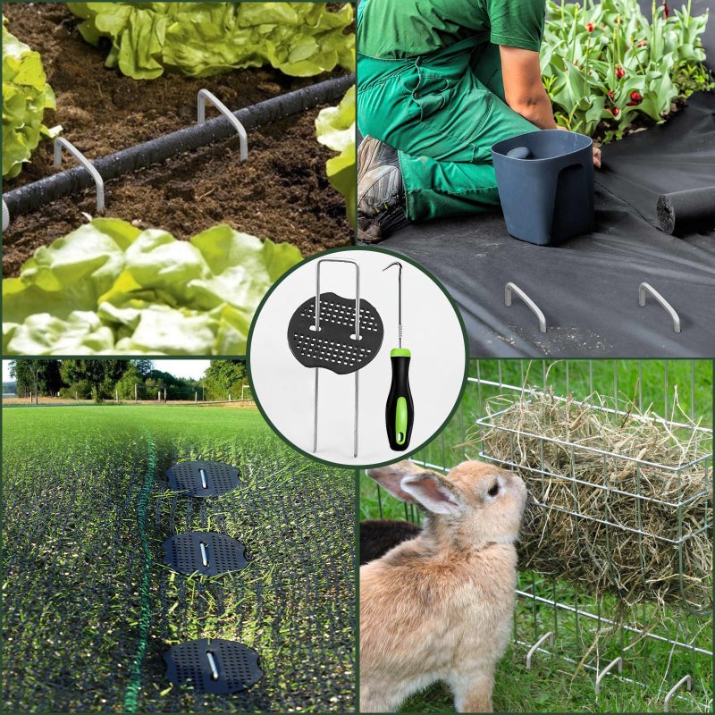 FEED GARDEN دبابيس المناظر الطبيعية المجلفنة 6 بوصة 50 قطعة مع حلقات 50 قطعة وأدوات حديقة 11 قياس مقاومة للصدأ لدعامات الأقمشة الزراعية - Image 3