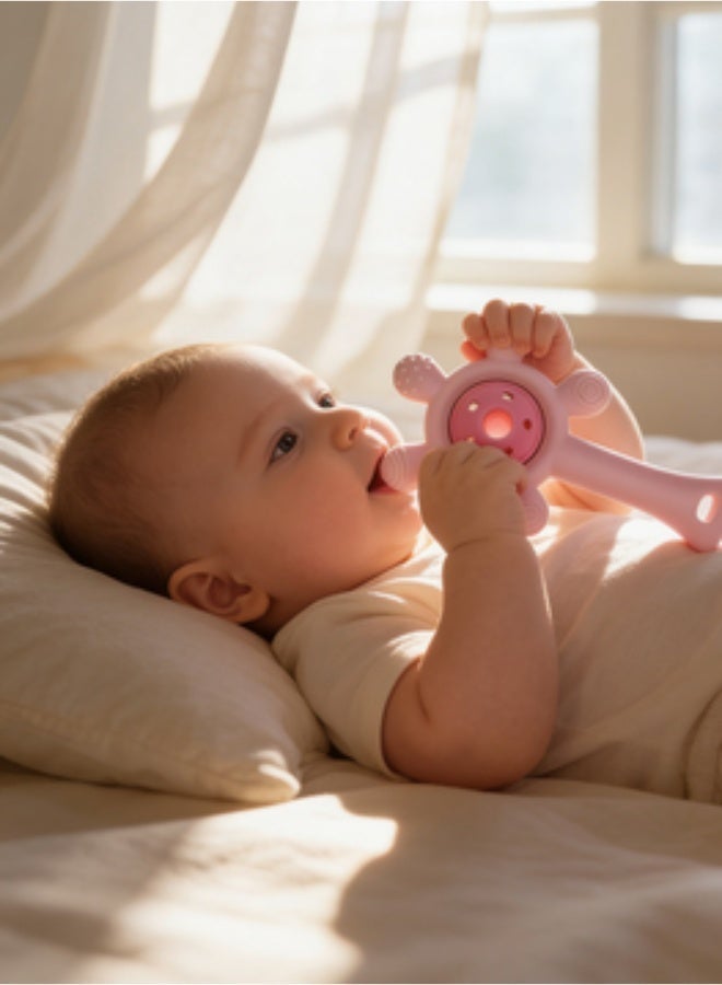 Yooyee Baby Teething Toy BPA Free Silicone Teether Rattle Toy Multi Textured Sensory Chew Toy Easy Grip Boilable Sterilizable for Babies 0-18 Months Pink - Image 4