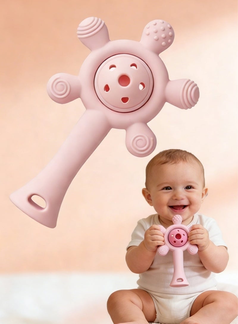 Yooyee Baby Teething Toy BPA Free Silicone Teether Rattle Toy Multi Textured Sensory Chew Toy Easy Grip Boilable Sterilizable for Babies 0-18 Months Pink - Image 2