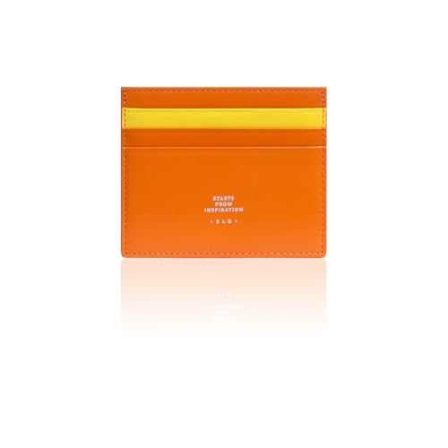 SLG Lucen Ultra Slim Handcrafted Calf Leather Card Wallet for Men and Women Minimalist Design with Elegant Dual Color Accent Holds Cash and Cards OrangeYellow - Image 1