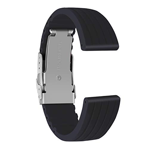 ULLCHRO Silicone Watch Strap Replacement Rubber Watch Band Waterproof Stripe Pattern - 14mm, 16mm, 18mm, 20mm, 22mm, 24mm Watch Bracelet with Stainless Steel Deployment Buckle (16mm, Black) - Image 2
