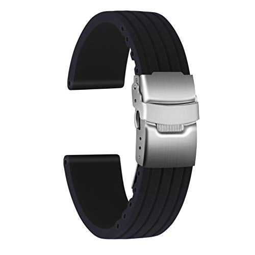 ULLCHRO Silicone Watch Strap Replacement Rubber Watch Band Waterproof Stripe Pattern - 14mm, 16mm, 18mm, 20mm, 22mm, 24mm Watch Bracelet with Stainless Steel Deployment Buckle (16mm, Black) - Image 1