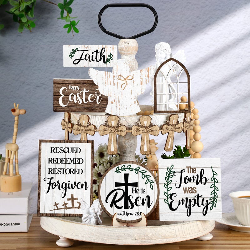 Chunful 13 Pcs Religious Easter Tiered Tray Decor Set Farmhouse Christian He Is Risen Tiered Tray Decoration Jesus Tomb Empty Cross Wooden Easter Decorations for Home Party Table Supplies - Image 2
