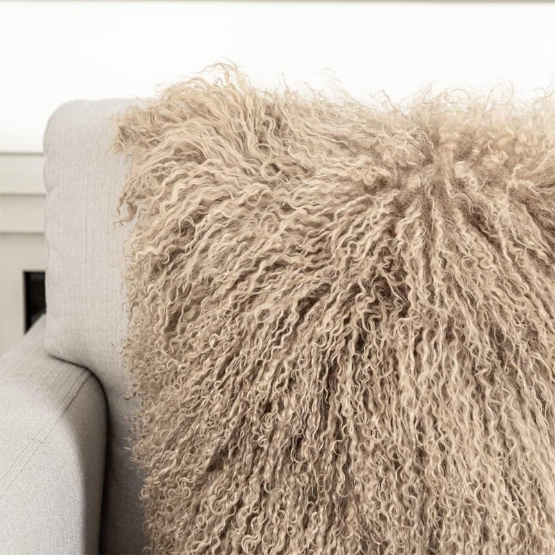 Seek4comfortable Mongolian Lamb Fur Throw Pillow Cover Real Fur Decorative Cushion Cover Pillow Case Home Decorative Square Throw Pillow Cover Plain Wool Pillow Protector, Khaki (18"x18") - Image 2