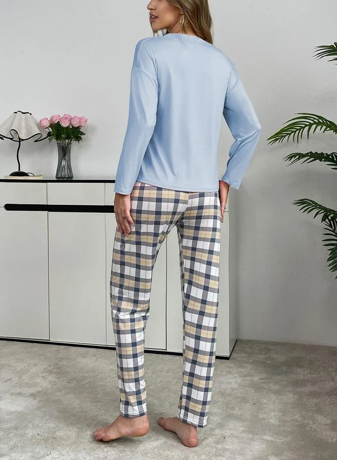 Take Two Take Two Blue Solid T-Shirt and Checked Pyjama Set