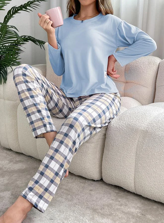 Take Two Take Two Blue Solid T-Shirt and Checked Pyjama Set