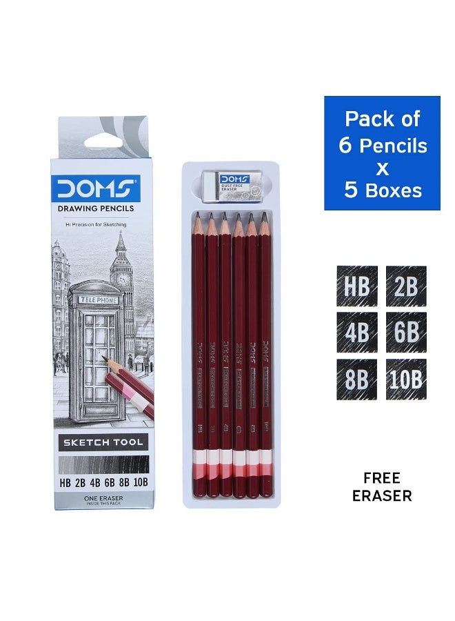 DOMS Drawing Pencils Hi-Precision Sketch Set – 6 Pencils (HB, 2B, 4B, 6B, 8B, 10B) with 1 Eraser – 172mm Length Each - Image 2