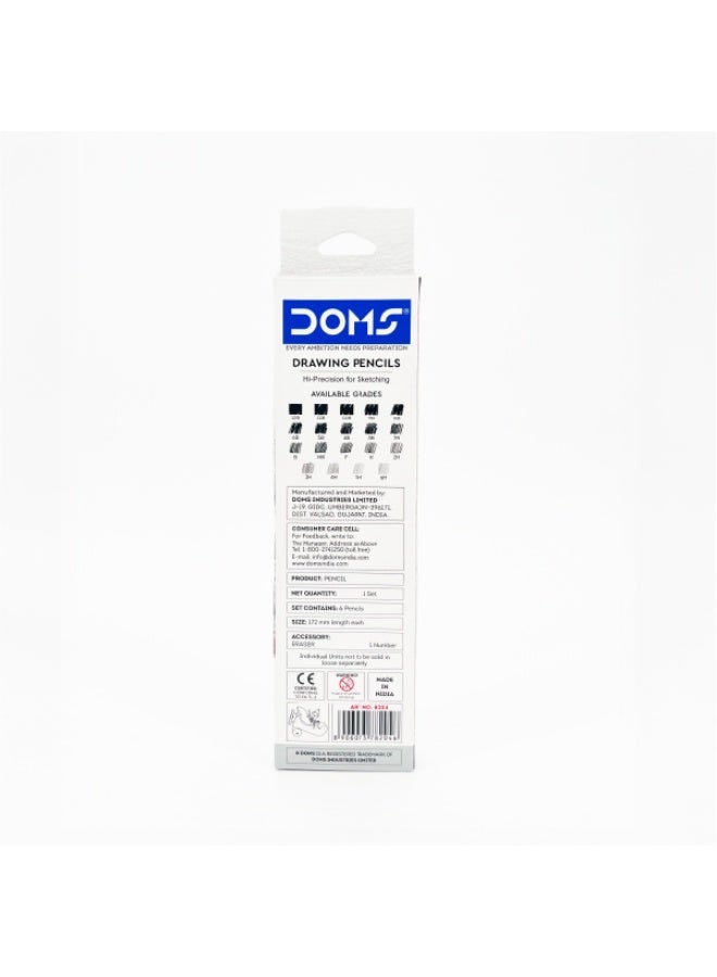 DOMS Drawing Pencils Hi-Precision Sketch Set – 6 Pencils (HB, 2B, 4B, 6B, 8B, 10B) with 1 Eraser – 172mm Length Each - Image 3