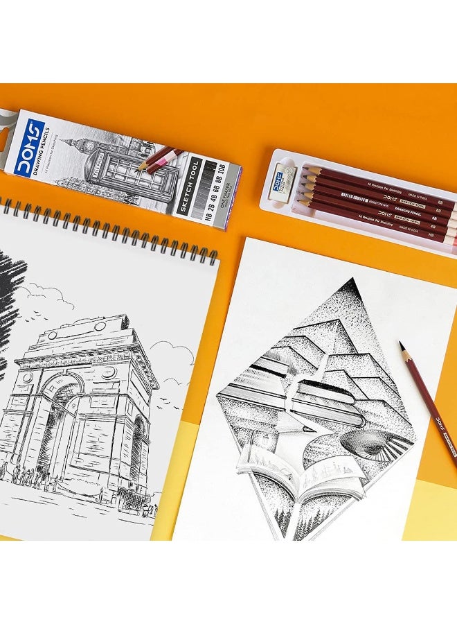 DOMS Drawing Pencils Hi-Precision Sketch Set – 6 Pencils (HB, 2B, 4B, 6B, 8B, 10B) with 1 Eraser – 172mm Length Each - Image 5