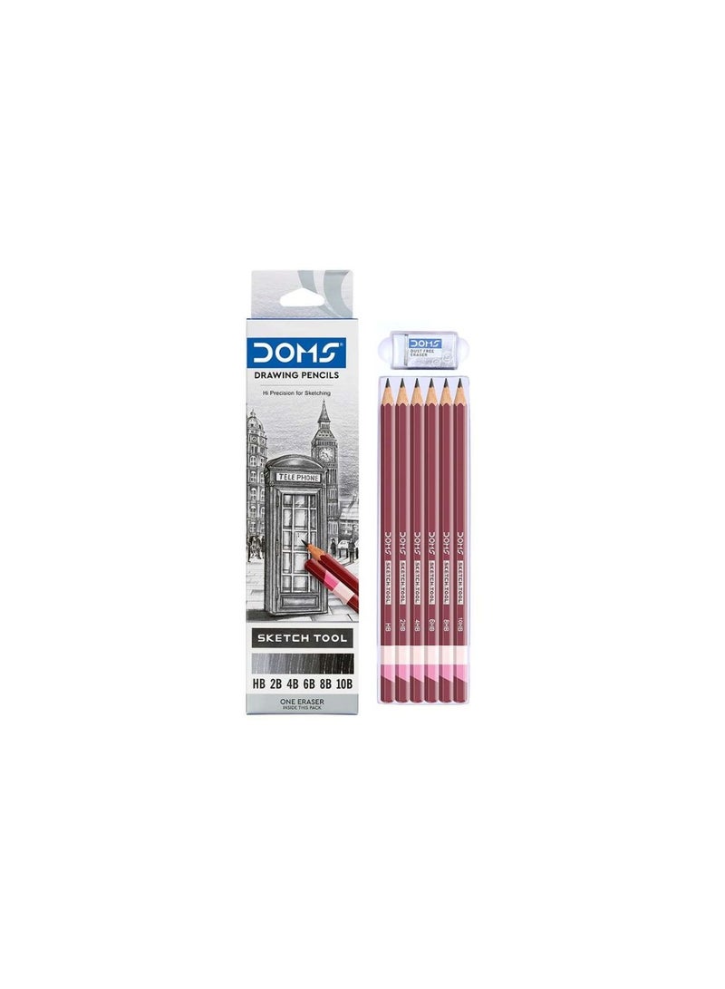 DOMS Drawing Pencils Hi-Precision Sketch Set – 6 Pencils (HB, 2B, 4B, 6B, 8B, 10B) with 1 Eraser – 172mm Length Each - Image 1
