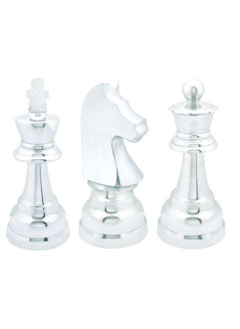CosmoLiving by Cosmopolitan Aluminum Chess Sculpture with Knight, Queen and King, Set of 3 4"W, 9"H, Silver
