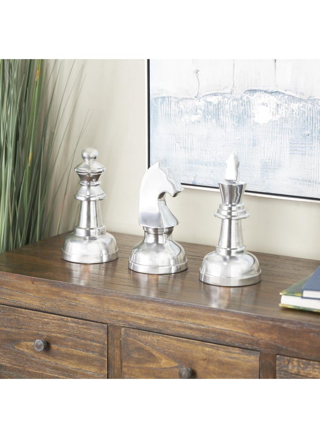 CosmoLiving by Cosmopolitan Aluminum Chess Sculpture with Knight, Queen and King, Set of 3 4"W, 9"H, Silver
