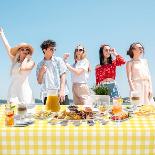 WNINK 6 Pack Light Yellow Gingham Rectangular Plastic Tablecloths, Yellow and White Checkered Disposable Table Covers 54" x 108" for Birthday, Wedding, Bridal Shower, Outdoor Picnic Camping Parties - Image 5