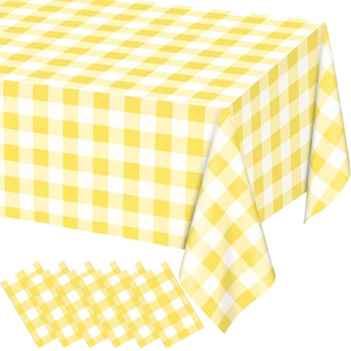 WNINK 6 Pack Light Yellow Gingham Rectangular Plastic Tablecloths, Yellow and White Checkered Disposable Table Covers 54" x 108" for Birthday, Wedding, Bridal Shower, Outdoor Picnic Camping Parties - Image 1