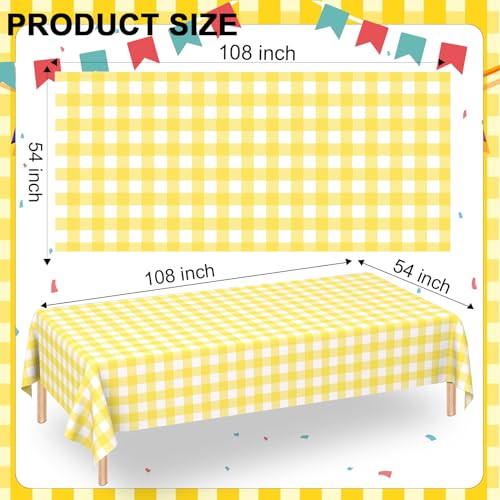WNINK 6 Pack Light Yellow Gingham Rectangular Plastic Tablecloths, Yellow and White Checkered Disposable Table Covers 54" x 108" for Birthday, Wedding, Bridal Shower, Outdoor Picnic Camping Parties - Image 2