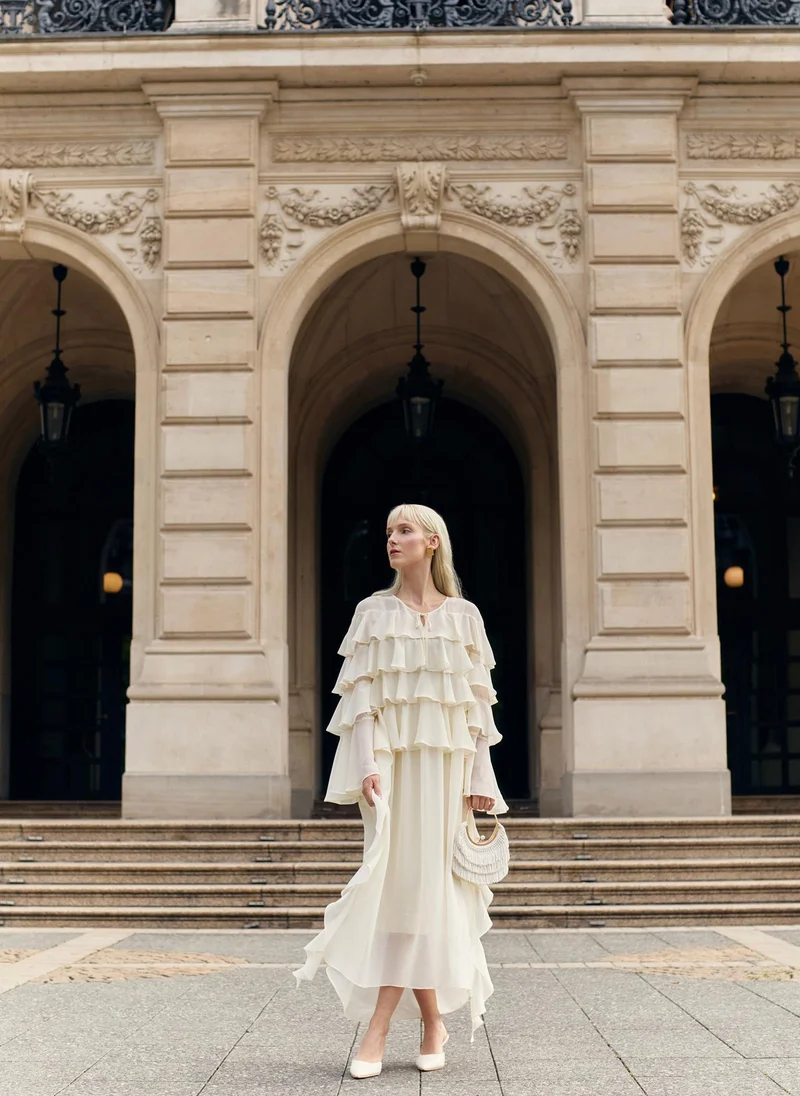 Lichi  Airy maxi dress with ruffles on the bodice and matching ties for Women | Best Price UAE