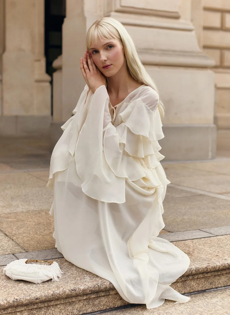 Lichi  Airy maxi dress with ruffles on the bodice and matching ties for Women | Best Price UAE