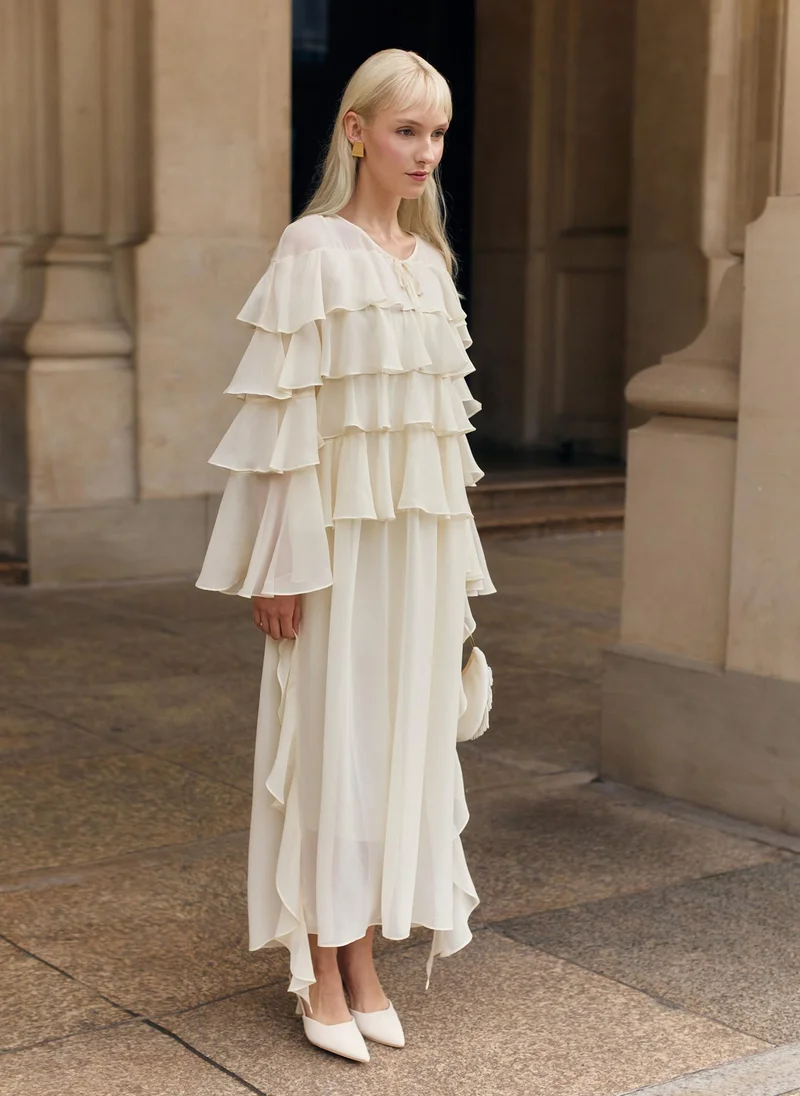 Lichi  Airy maxi dress with ruffles on the bodice and matching ties for Women | Best Price UAE