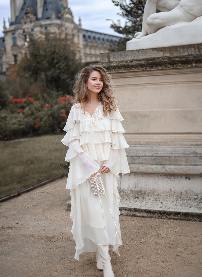 Lichi Airy maxi dress with ruffles on the bodice and matching ties - Image 1