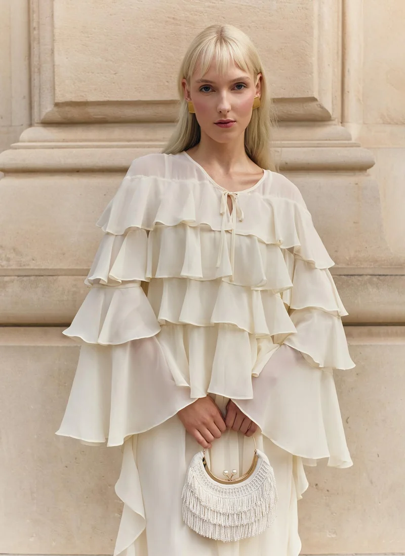 Lichi  Airy maxi dress with ruffles on the bodice and matching ties for Women | Best Price UAE