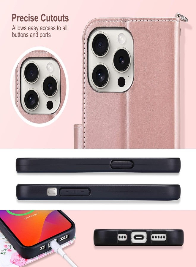 ULAK Compatible with iPhone 15 Pro Max Wallet Case for Women with Card Holder, Design Flower Flip PU Leather Kickstand Shockproof Protective Phone Cover for iPhone 15 Pro Max 6.7'' 2023, Rose Gold - Image 5