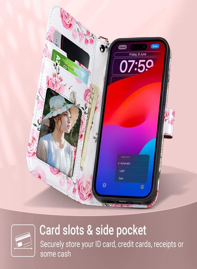 ULAK Compatible with iPhone 15 Pro Max Wallet Case for Women with Card Holder, Design Flower Flip PU Leather Kickstand Shockproof Protective Phone Cover for iPhone 15 Pro Max 6.7'' 2023, Rose Gold - Image 2